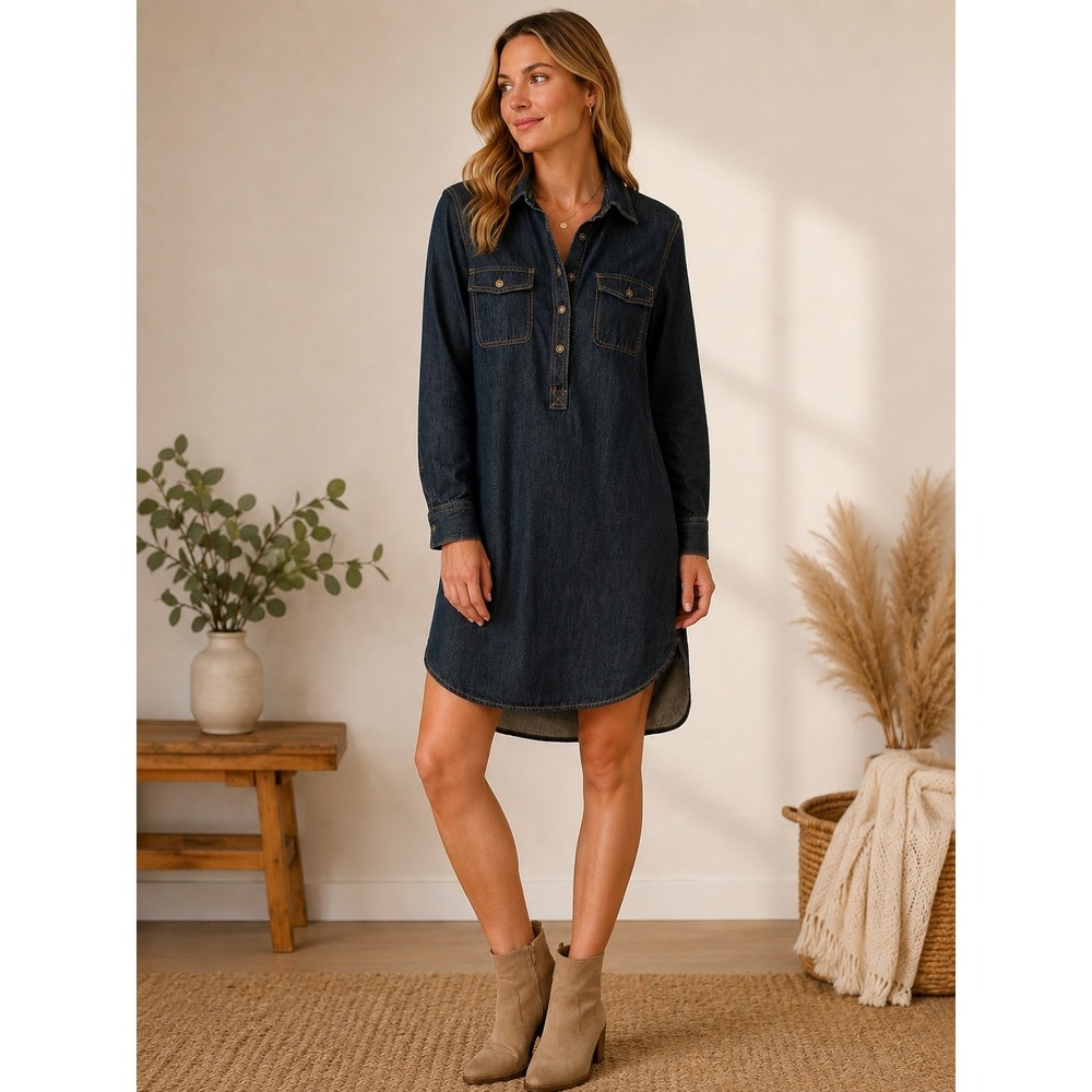 Chaps Denim Womens Dark Wash Long Sleeve Button Front Shirt Dress Indigo Small
